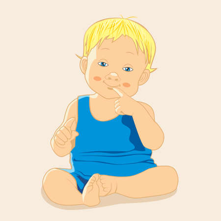 The kid in the blue shirts funny. Vector illustration. Greeting card.のイラスト素材