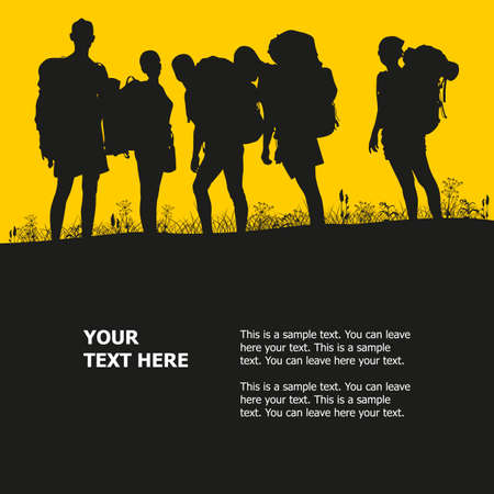 Tourism silhouettes of young people with backpacks. Vector illustration.のイラスト素材