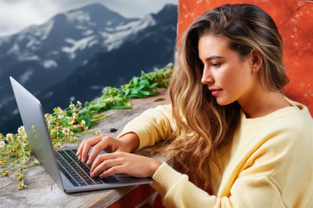 Remote work in nature, calm mind. Young woman working on laptop in cozy environment with mountain view - symbol of work-life balance.の素材
