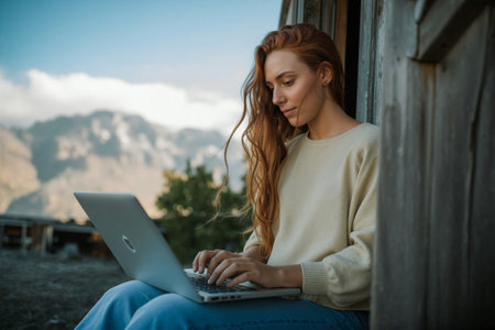 Office atmosphere with mountain view. Young woman working on laptop in cozy environment with mountain view - symbol of work-life balance.の素材