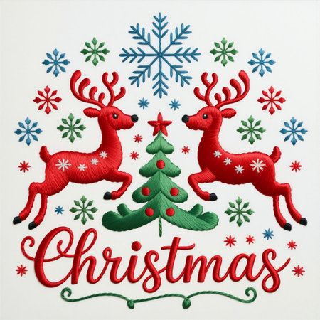 Christmas Reindeer Embroidery with Snowflakes on Wool. A festive Christmas embroidery illustration featuring a reindeer surrounded by snowflakes, stitched with red.の素材