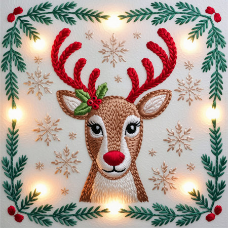 Cozy Christmas Reindeer Embroidery Illustration. A festive Christmas embroidery illustration featuring a reindeer surrounded by snowflakes, stitched with red and green threads.の素材