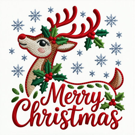 Festive embroidered design with a deer and snowflakes. A festive Christmas embroidery illustration featuring a reindeer surrounded by snowflakes, stitched with red.の素材