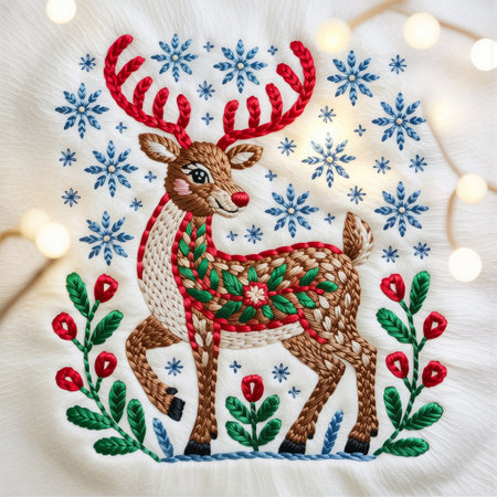 Scene with a deer embroidered with red and green threads. A festive Christmas embroidery illustration featuring a reindeer surrounded by snowflakes, stitched with red.の素材