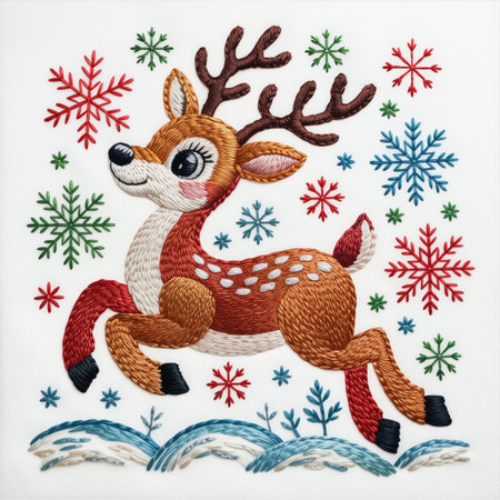 Decorative embroidery with a deer and snowflakes on fabric. Festive Christmas embroidery depicting a deer surrounded by snowflakes, embroidered with red and green threads.の素材