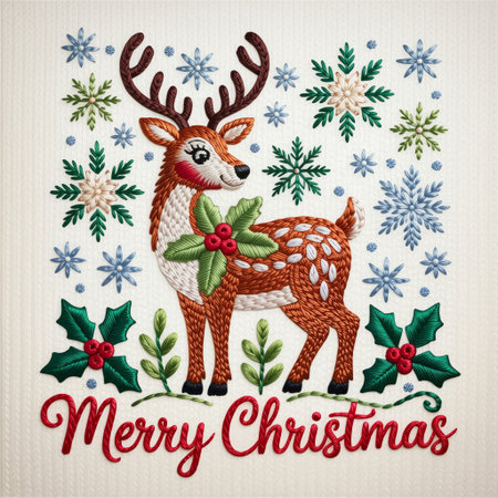 Scandinavian-style embroidery of reindeer with snowflakes. A festive Christmas embroidery illustration featuring a reindeer surrounded by snowflakes, stitched with red.の素材