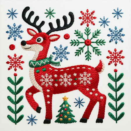 Winter embroidered pattern with a deer on fabric. A festive Christmas embroidery illustration featuring a reindeer surrounded by snowflakes, stitched with red and green threads.の素材