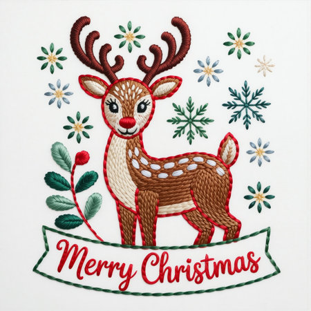 A festive Christmas embroidery illustration featuring a reindeer surrounded by snowflakes, stitched with red and green threads on cozy wool fabric. Perfect for holiday cards.の素材
