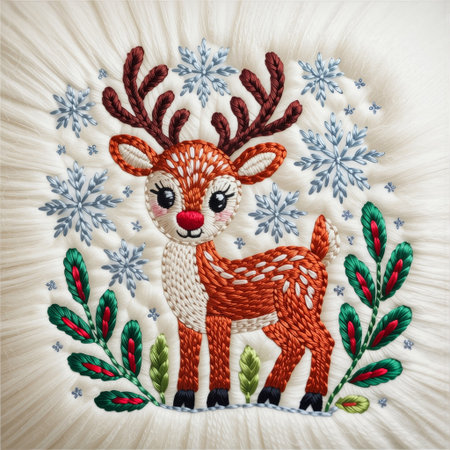 Decorative embroidery with a deer and snowflakes on fabric. A festive Christmas embroidery illustration featuring a reindeer surrounded by snowflakes, stitched with red.の素材