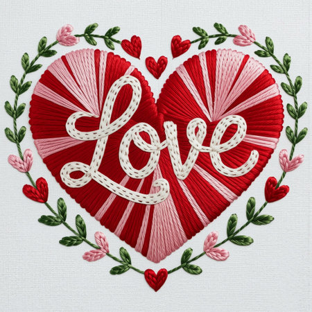 A romantic Valentine's Day embroidery illustration featuring a stitched heart with the word "Love" in elegant cursive, crafted with pink and red threads on white linen. Ideal for greeting cards, romantic prints, textile decor, and wedding designs.の素材