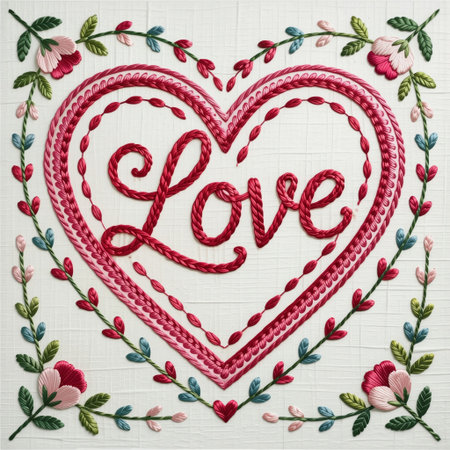 A romantic Valentine's Day embroidery illustration featuring a stitched heart with the word "Love" in elegant cursive, crafted with pink and red threads on white linen. Ideal for greeting cards, romantic prints, textile decor, and wedding designs.の素材