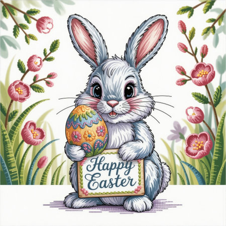 A charming Easter embroidery artwork featuring a cute bunny holding a decorated egg, stitched in pastel threads with a cross-stitch effect on textured fabric. Perfect for spring holiday cards, festive textile patterns, and seasonal crafts.の素材