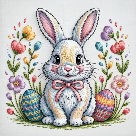 A charming Easter embroidery artwork featuring a cute bunny holding a decorated egg, stitched in pastel threads with a cross-stitch effect on textured fabric. Perfect for spring holiday cards, festive textile patterns, and seasonal crafts.の素材