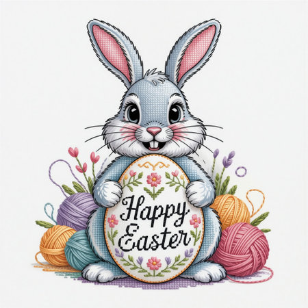 A charming Easter embroidery artwork featuring a cute bunny holding a decorated egg, stitched in pastel threads with a cross-stitch effect on textured fabric. Perfect for spring holiday cards, festive textile patterns, and seasonal crafts.の素材