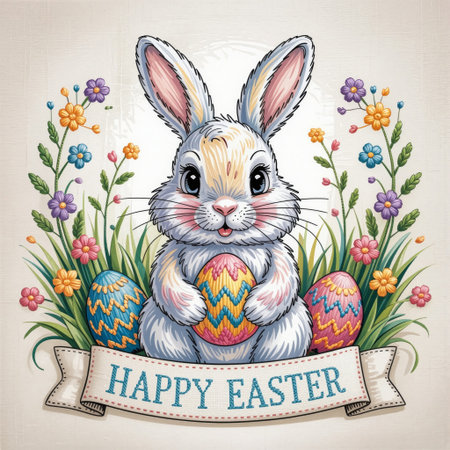A charming Easter embroidery artwork featuring a cute bunny holding a decorated egg, stitched in pastel threads with a cross-stitch effect on textured fabric. Perfect for spring holiday cards, festive textile patterns, and seasonal crafts.の素材