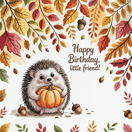 Hedgehog with Pumpkin and Acorns in Leaves. Adorable autumn illustration of a cute hedgehog holding a pumpkin, surrounded by colorful fall leaves and acorns.の素材