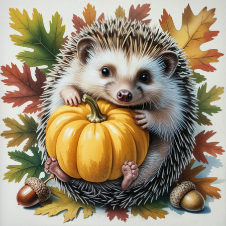 Cute Hedgehog Holding Pumpkin in Autumn Leaves. Adorable autumn illustration of a cute hedgehog holding a pumpkin, surrounded by colorful fall leaves and acorns.の素材