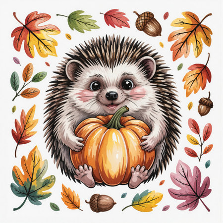 Cozy Forest Hedgehog with Pumpkin Art. Adorable autumn illustration of a cute hedgehog holding a pumpkin, surrounded by colorful fall leaves and acorns.の素材