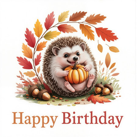 Cozy Autumn Hedgehog Illustration with Acorns. Adorable autumn illustration of a cute hedgehog holding a pumpkin, surrounded by colorful fall leaves and acorns.の素材