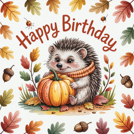 Vintage Watercolor Hedgehog in Autumn Decor. Adorable autumn illustration of a cute hedgehog holding a pumpkin, surrounded by colorful fall leaves and acorns.の素材