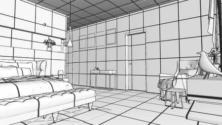3d render bedroom black and white gridの写真素材