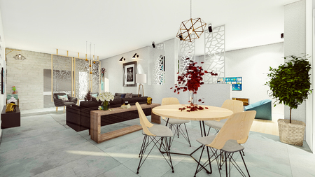 3d render modern apartment dining room salonの写真素材