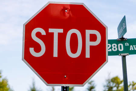 Stop Sign on a country road with trees during summer