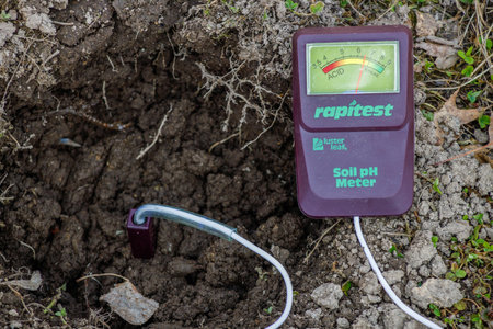 Dunn County, WI, USA  -  April 4, 2021: Rapitest meter testing the pH of the soil during early spring. Selective focus, background blur and foreground blurのeditorial素材