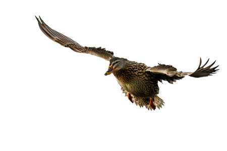 Mallard duck  hen (Anas platyrhynchos) landing with wings spread. Blurred background, copy space.の写真素材