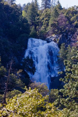 Grouse Creek Falls from el portal road in Yosemite National Park in May of 2023の写真素材