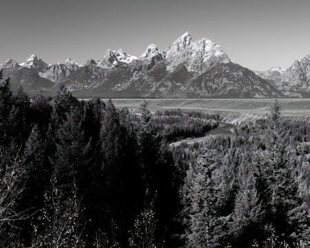 Black and white image overlooking the Snake River where Ansel Adams took his picture in 1942 in Grand Teton National Parkの写真素材