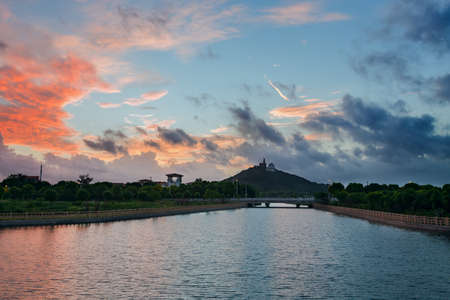 landscape view of the lake during sunsetの写真素材