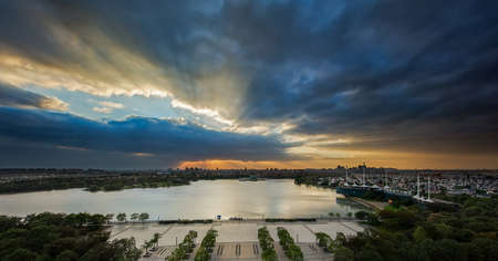 Landscape view of Shanghai city during sunsetのeditorial素材