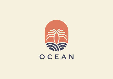 Ocean Sun Wave with palm tree Logo Design Templateのイラスト素材