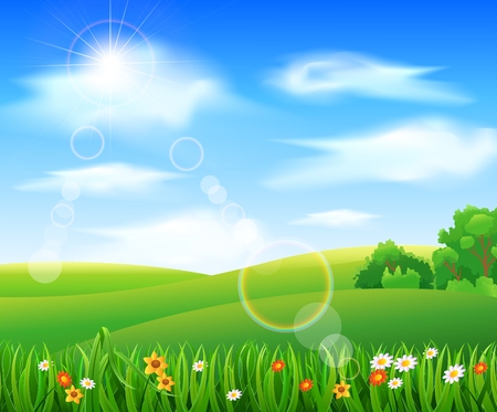Nature background with green grass and flowers and blue skyのイラスト素材