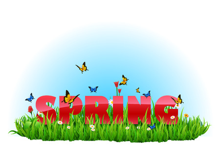 Spring green meadow for your design with butterflyのイラスト素材