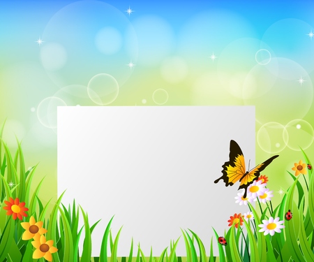 Background Green Grass with butterfly And paperのイラスト素材