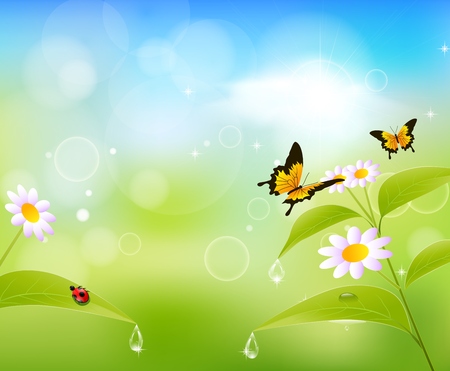 Nature summer background with leaves and butterflyのイラスト素材