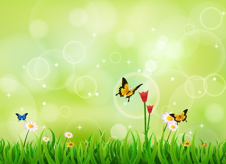 Nature summer background with green grass and butterflyのイラスト素材
