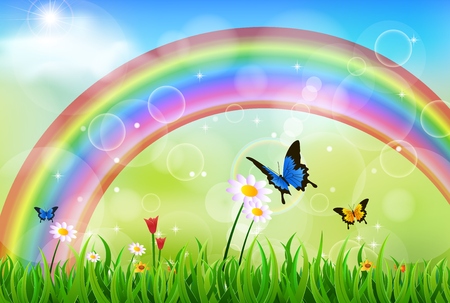 Green grass with rainbow and butterflyのイラスト素材