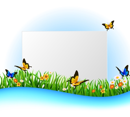 Background Green Grass with butterfly And paperのイラスト素材