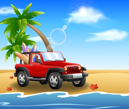 summer car on beach with palmのイラスト素材