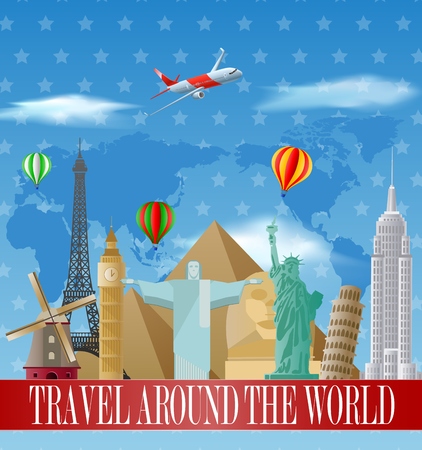 Vintage travel poster with labels and famous buildingのイラスト素材