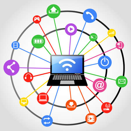 Social network background with laptop and media iconsのイラスト素材