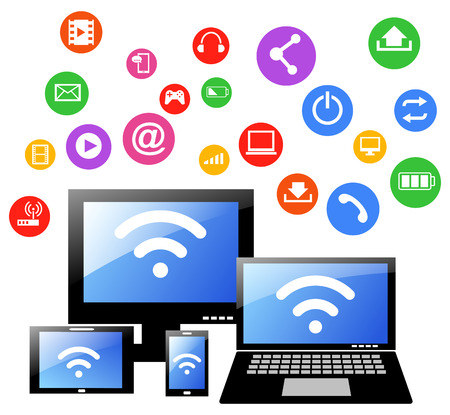 laptop phone tablet Connection.communication in the global computer networks.のイラスト素材