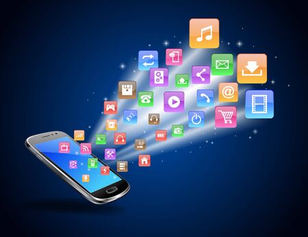 Futuristic Mobile Phone Vector Illustration with Holographic World Map and Social Media Iconsのイラスト素材