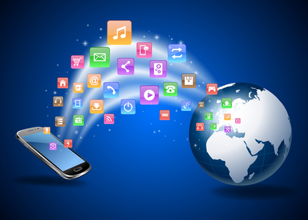 Futuristic Mobile Phone Vector Illustration with Holographic World and Social Media Iconsのイラスト素材