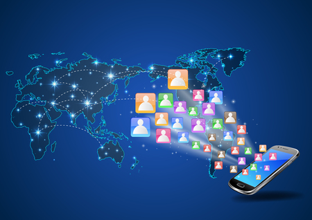 Futuristic Mobile Phone Vector Illustration with Holographic World Map and Social Media Iconsのイラスト素材