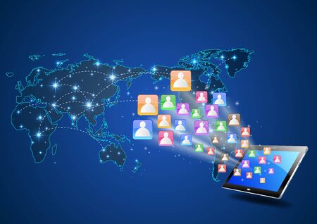 Futuristic Mobile Phone Vector Illustration with Holographic World Map and Social Media Iconsのイラスト素材