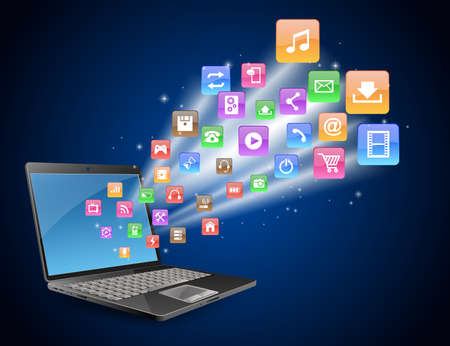 Futuristic laptop Vector Illustration with Holographic and Social Media Iconsのイラスト素材